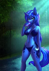 Size: 877x1277 | Tagged: suggestive, artist:hellcat120, derpibooru import, princess luna, alicorn, anthro, belly button, bikini, breasts, busty princess luna, clothes, coca-cola, detailed background, digital art, drink, drinking, erect nipples, female, horn, image, jpeg, looking at you, night, nipple outline, pose, soda, soda can, solo, stupid sexy princess luna, swimsuit, tail, thighs, walking, wide hips, wingless, wingless anthro