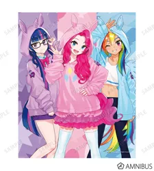 Size: 720x800 | Tagged: safe, artist:yoshit_m, derpibooru import, official, pinkie pie, rainbow dash, sci-twi, twilight sparkle, equestria girls, amnibus, clothes, cutie mark, cutie mark on clothes, equestria girls logo, glasses, hoodie, human coloration, image, jpeg, merchandise, midriff, one eye closed, open mouth, simple background, smiling, text, white background, wink