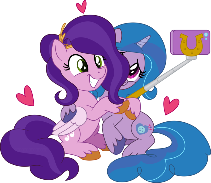 Size: 3149x2739 | Tagged: safe, artist:thatusualguy06, derpibooru import, izzy moonbow, pipp petals, pegasus, pony, unicorn, .svg available, female, g5, heart, high res, image, mare, phone, png, selfie stick, simple background, smiling, transparent background, vector