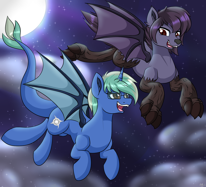 Size: 2200x2000 | Tagged: safe, artist:novaspark, derpibooru import, oc, oc:nova spark, oc:nyn indigo, unofficial characters only, bat pony, monster pony, original species, tatzlpony, timber wolf, flying, image, night, png