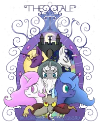 Size: 1920x2359 | Tagged: safe, artist:underwoodart, derpibooru import, discord, nightmare moon, princess celestia, princess luna, star swirl the bearded, oc, oc:cosmos sol, oc:faust dreamscape, alicorn, pony, unicorn, castle, cover art, eyes closed, female, gem, hat, image, magic mirror, male, mare, mirror, moon, pink-mane celestia, png, poster, s1 luna, simple background, sparkles, stallion, stubble, swirls, text, the tale of two sisters, title, transparent background, wizard hat