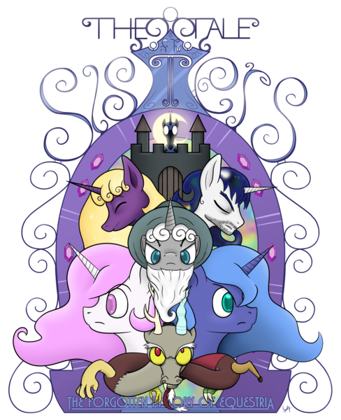 Size: 3150x3870 | Tagged: safe, artist:underwoodart, derpibooru import, discord, nightmare moon, princess celestia, princess luna, star swirl the bearded, oc, oc:cosmos sol, oc:faust dreamscape, alicorn, pony, unicorn, castle, cover art, eyes closed, female, gem, hat, image, magic mirror, male, mare, mirror, moon, pink-mane celestia, png, poster, s1 luna, simple background, sparkles, stallion, stubble, swirls, text, the tale of two sisters, title, transparent background, wizard hat