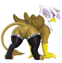Size: 1980x2006 | Tagged: safe, artist:diacordst, edit, gilda, gryphon, beak, bedroom eyes, blacked, clothes, digital art, female, gildonk, image, looking at you, looking back, looking back at you, png, rear view, simple background, socks, solo, solo female, stockings, tail, thigh highs, white background, wings