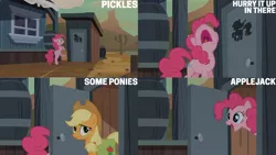 Size: 1280x720 | Tagged: safe, derpibooru import, edit, edited screencap, editor:quoterific, screencap, applejack, pinkie pie, earth pony, pony, season 2, the last roundup, applejack's hat, bag, bipedal, cowboy hat, duo, female, hat, image, mare, nose in the air, open mouth, open smile, png, saddle bag, smiling, text