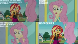 Size: 1280x720 | Tagged: safe, derpibooru import, edit, edited screencap, editor:quoterific, screencap, fluttershy, sunset shimmer, equestria girls, equestria girls series, so much more to me, clothes, cutie mark, cutie mark on clothes, duo, duo female, female, geode of empathy, geode of fauna, hairpin, image, jewelry, leather, leather vest, magical geodes, necklace, open mouth, open smile, png, smiling, text, vest