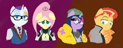 Size: 7016x2737 | Tagged: safe, artist:realgero, derpibooru import, fluttershy, sunset shimmer, twilight sparkle, anthro, pegasus, unicorn, alternate hairstyle, clothes, glasses, hat, image, necktie, png, ponytail, round glasses, suit, valorant, video game reference