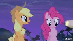 Size: 640x360 | Tagged: safe, derpibooru import, screencap, applejack, pinkie pie, earth pony, pony, bats!, season 4, animated, applejack's hat, cowboy hat, duo, eyes closed, female, flashlight (object), floppy ears, gif, gifs.com, hat, image, mare, night, open mouth, open smile, silly, silly pony, smiling, tree, walking, who's a silly pony