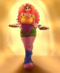 Size: 1676x2048 | Tagged: safe, artist:unfinishedheckery, derpibooru import, pinkie pie, anthro, earth pony, unguligrade anthro, 80s, breasts, busty pinkie pie, clothes, cookie, digital art, female, food, image, jpeg, looking at you, milf, shirt, shorts, smiling, smiling at you, solo, tail, thighs, wide hips