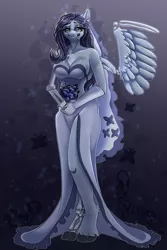 Size: 1365x2048 | Tagged: safe, artist:unfinishedheckery, derpibooru import, ponified, anthro, pegasus, pony, undead, unguligrade anthro, bone, breasts, clothes, corpse bride, crossover, digital art, dress, female, flower, image, jpeg, skeleton, solo, spread wings, tail, thighs, wedding dress, wide hips, wings