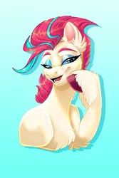 Size: 1365x2048 | Tagged: safe, artist:unfinishedheckery, derpibooru import, zipp storm, pegasus, pony, bedroom eyes, blue background, bust, digital art, female, g5, hooves, image, jpeg, looking at you, mare, open mouth, portrait, simple background, solo