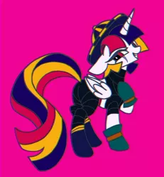 Size: 726x787 | Tagged: safe, artist:stacy_165cut, derpibooru import, ponified, alicorn, pony, clothes, folded wings, grim reaper (kinnikuman), hat, horn, image, jpeg, kinnikuman, looking at you, pink background, raised hoof, simple background, solo, wings