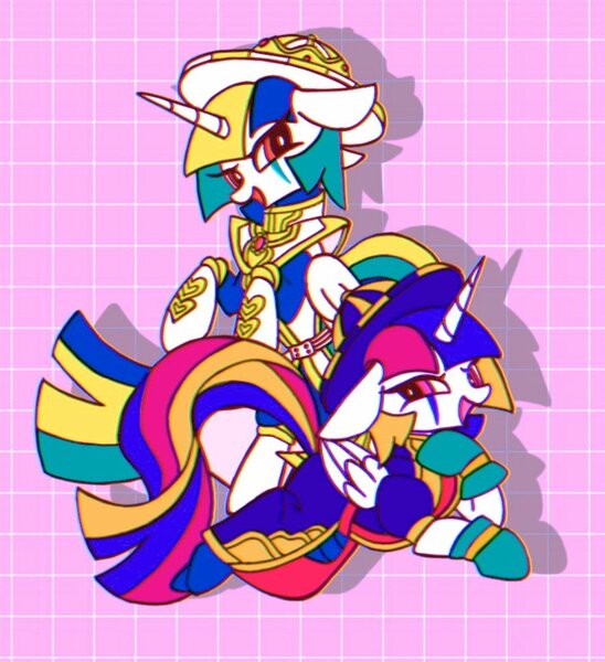 Size: 982x1076 | Tagged: safe, artist:stacy_165cut, derpibooru import, ponified, alicorn, pony, clothes, duo, folded wings, grim reaper (kinnikuman), hat, horn, image, jpeg, kinnikuman, looking at you, pink background, psychoman (kinnikuman), simple background, wings