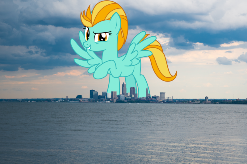 Size: 2000x1333 | Tagged: safe, artist:sketchmcreations, artist:thegiantponyfan, derpibooru import, lightning dust, pegasus, pony, cleveland, female, giant pegasus, giant pony, giantess, highrise ponies, image, irl, macro, mare, mega giant, mega/giant lightning dust, ohio, photo, png, ponies in real life