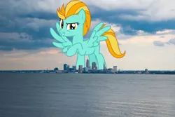 Size: 2000x1333 | Tagged: safe, artist:sketchmcreations, artist:thegiantponyfan, derpibooru import, lightning dust, pegasus, pony, cleveland, female, giant pegasus, giant pony, giantess, highrise ponies, image, irl, macro, mare, mega giant, mega/giant lightning dust, ohio, photo, png, ponies in real life