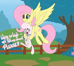 Size: 3347x3000 | Tagged: safe, artist:mrneo, derpibooru import, fluttershy, pegasus, sheep, them's fightin' herds, community related, dialogue, fence, flying, holding, image, jpeg, lamb, pom (tfh), wings