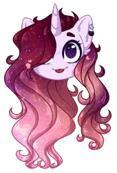 Size: 884x1300 | Tagged: safe, artist:purplegrim40, derpibooru import, oc, unofficial characters only, pony, unicorn, :p, commission, ear fluff, ear piercing, earring, ethereal mane, hair over one eye, horn, image, jewelry, piercing, png, simple background, smiling, solo, starry mane, tongue out, transparent background, unicorn oc, ych result