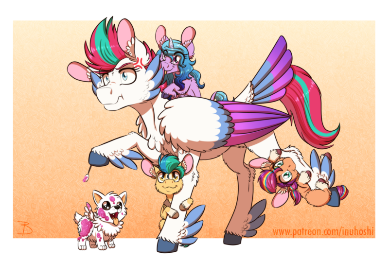 Size: 1704x1148 | Tagged: safe, artist:inuhoshi-to-darkpen, derpibooru import, cloudpuff, hitch trailblazer, izzy moonbow, sunny starscout, zipp storm, dog, earth pony, pegasus, pomeranian, pony, unicorn, my little pony: tell your tale, spoiler:g5, spoiler:my little pony: tell your tale, spoiler:tyts01e15, age regression, baby, baby pony, biting, cheek fluff, chest fluff, colt, colt hitch trailblazer, cross-popping veins, cute, ear fluff, female, filly, filly izzy moonbow, filly sunny starscout, flying pomeranian, foal, g5, hitchbetes, image, izzybetes, leg fluff, making a foal of me, male, mare, nom, open mouth, open smile, png, puppy, smiling, sunnybetes, winged dog, younger