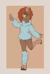 Size: 2000x2956 | Tagged: safe, artist:sneetymist, derpibooru import, oc, oc:soft coffee, unofficial characters only, anthro, earth pony, pony, unguligrade anthro, blank flank, bottomless, clothes, coat markings, facial markings, female, fluffy, fluffy sweater, image, leg warmers, mare, no tail, nudity, one eye closed, partial nudity, peace sign, png, raised leg, simple background, smiling, socks (coat marking), solo, sweater, unshorn fetlocks, wink