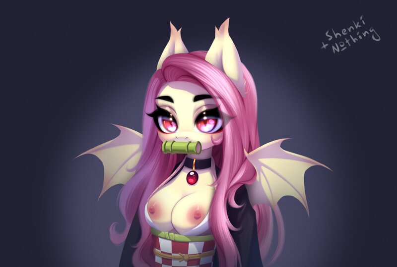 Size: 3272x2205 | Tagged: questionable, artist:n_thing, artist:tomness, derpibooru import, fluttershy, anthro, bat pony, pony, anime, areola, bat ponified, bat wings, breasts, busty fluttershy, clothes, collaboration, collar, crossover, demon slayer, exposed breasts, female, flutterbat, gag, high res, image, jpeg, kimetsu no yaiba, kimono (clothing), mare, mouth hold, nezuko kamado, nipples, nudity, race swap, solo, solo female, spread wings, wings