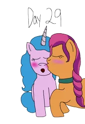 Size: 2000x2921 | Tagged: safe, artist:ktd1993, derpibooru import, izzy moonbow, sunny starscout, female, g5, image, izzyscout, kiss on the cheek, kissing, lesbian, png, shipping, simple background, transparent background