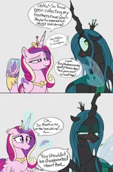 Size: 1643x2501 | Tagged: safe, artist:icey, derpibooru import, princess cadance, queen chrysalis, alicorn, changeling, changeling queen, pony, blushing, feather, female, i can explain, image, mare, png