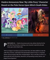 Size: 1440x1721 | Tagged: semi-grimdark, derpibooru import, screencap, applejack, fluttershy, pinkie pie, rainbow dash, rarity, spike, twilight sparkle, twilight sparkle (alicorn), alicorn, pony, friendship is magic, announcement, castle, hasbro, image, jpeg, mane six, my little pony: ponypocalypse, pale horse, website