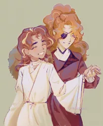 Size: 2447x3000 | Tagged: safe, artist:stummm, derpibooru import, adagio dazzle, sunset shimmer, equestria girls, clothes, cosplay, costume, eyepatch, eyes closed, female, heaven official's blessing, holding hands, image, jpeg, lesbian, shipping, sketch, smiling, sunsagio