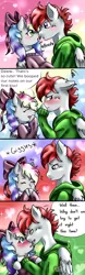 Size: 635x2048 | Tagged: safe, artist:mysticalcreations417, derpibooru import, oc, oc:blazey sketch, oc:fullmoon, pegasus, werewolf, boop, bow, clothes, couple, cute, female, flirting, fluffy, gradient background, hair bow, hoodie, image, kissing, male, multicolored hair, png, red hair, sweater