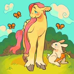 Size: 900x900 | Tagged: safe, artist:cottaboo, angel bunny, fluttershy, butterfly, insect, pegasus, pony, rabbit, alternate design, animal, carrot, closed wing, cloud, colored hooves, ear piercing, food, forest, forest background, grass, image, piercing, png, sky, solo, standing, tree, unshorn fetlocks