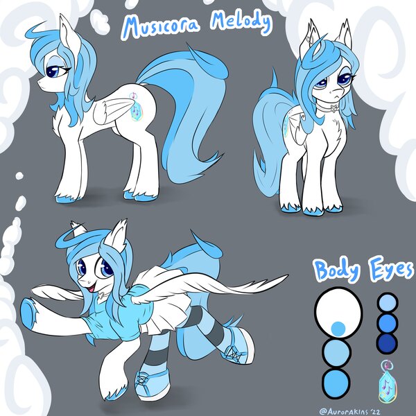 Size: 8192x8192 | Tagged: safe, artist:aurorakins, derpibooru import, oc, oc:musicora melody, unofficial characters only, pegasus, pony, blue, chest fluff, clothes, cloud, cutie mark, ear fluff, image, jpeg, reference sheet, shirt, shoes, skirt, socks, solo, striped socks, unshorn