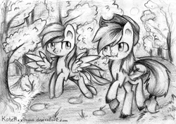 Size: 2312x1627 | Tagged: safe, artist:katemaximova, derpibooru import, applejack, rainbow dash, earth pony, pegasus, pony, applejack's hat, cowboy hat, duo, duo female, female, freckles, hat, image, jpeg, looking at each other, looking at someone, mare, monochrome, outdoors, traditional art, tree, wings