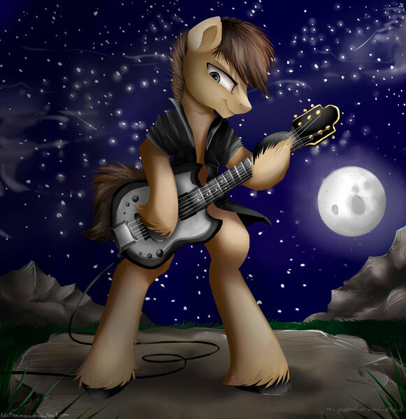 Size: 2409x2489 | Tagged: safe, artist:katemaximova, derpibooru import, oc, unofficial characters only, earth pony, pony, semi-anthro, bipedal, clothes, guitar, hoof hold, image, jpeg, male, moon, musical instrument, night, outdoors, solo, stallion