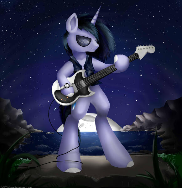 Size: 2409x2489 | Tagged: safe, artist:katemaximova, derpibooru import, oc, unofficial characters only, pony, semi-anthro, unicorn, bipedal, clothes, guitar, hoof hold, horn, image, jpeg, male, moon, musical instrument, night, outdoors, solo, stallion, sunglasses