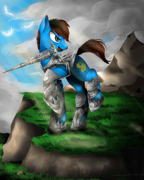 Size: 2190x2738 | Tagged: safe, artist:katemaximova, derpibooru import, oc, unofficial characters only, bird, earth pony, pony, cloud, image, jpeg, male, mouth hold, outdoors, raised hoof, solo, stallion, sword, weapon