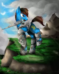 Size: 2190x2738 | Tagged: safe, artist:katemaximova, derpibooru import, oc, unofficial characters only, bird, earth pony, pony, cloud, image, jpeg, male, mouth hold, outdoors, raised hoof, solo, stallion, sword, weapon