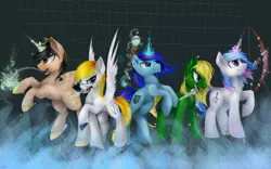 Size: 3098x1936 | Tagged: safe, artist:katemaximova, derpibooru import, oc, unofficial characters only, alicorn, earth pony, pegasus, pony, unicorn, arrow, bow (weapon), bow and arrow, horn, image, jpeg, mouth hold, raised hoof, sword, weapon, wings