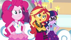 Size: 1920x1080 | Tagged: safe, derpibooru import, screencap, pinkie pie, sci-twi, sunset shimmer, twilight sparkle, equestria girls, equestria girls series, rollercoaster of friendship, clothes, female, hand on hip, image, pinkie pie is not amused, png, skirt, sunset shimmer is not amused, trio, trio female, tutu, twilight sparkle is not amused, unamused