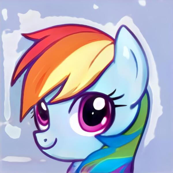 Size: 1024x1024 | Tagged: safe, artist:thisponydoesnotexist, derpibooru import, machine learning generated, pegasus, pony, artificial intelligence, blue background, female, image, jpeg, looking at you, mare, multicolored hair, neural network, not rainbow dash, pink eyes, rainbow hair, simple background, smiling, solo