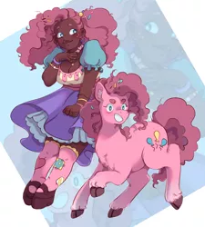 Size: 1080x1200 | Tagged: safe, artist:koobiie, pinkie pie, human, pony, accessories, blackwashing, bracelet, breasts, cleavage, clothes, cloven hooves, colored hooves, curly hair, dark skin, dress, ear piercing, earring, female, food, humanized, image, jewelry, nail polish, piercing, png, ponytail, self ponidox, shoes, smiling, socks, solo, sprinkles