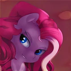 Size: 1024x1024 | Tagged: safe, artist:thisponydoesnotexist, derpibooru import, machine learning generated, pony, abstract background, blue eyes, eye reflection, image, jpeg, looking to side, neural network, not pinkie pie, pink mane, reflection, shadow, smiling, solo