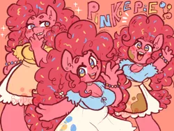 Size: 1280x960 | Tagged: safe, artist:shy-the-trash-lion, pinkie pie, anthro, pony, big hair, bracelet, breasts, busty pinkie pie, choker, cleavage, clothes, cutie mark, cutie mark on clothes, ear piercing, female, food, image, jewelry, looking at you, open smile, piercing, pink background, png, self paradox, simple background, skirt, smiling at you, solo, sprinkles, waving at you