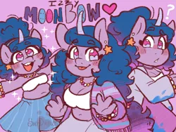 Size: 1280x960 | Tagged: safe, artist:shy-the-trash-lion, izzy moonbow, anthro, pony, unicorn, accessories, alternate hairstyle, bracelet, breasts, cardigan, cleavage, clothes, curved horn, ear piercing, earring, female, g5, horn, image, jacket, jewelry, looking at you, necklace, open smile, piercing, pink background, png, ponytail, self paradox, simple background, skirt, solo, sparkles, tongue out, top