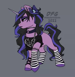 Size: 1149x1189 | Tagged: safe, artist:dragonfox_girl, artist:dragonfoxgirl, derpibooru import, izzy moonbow, pony, unicorn, black lipstick, bow, choker, clothes, ear piercing, eyeshadow, female, g5, goth izzy, gray background, image, jpeg, lidded eyes, lipstick, makeup, piercing, shirt, simple background, solo