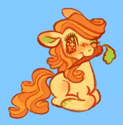 Size: 500x508 | Tagged: safe, artist:occultusion, carrot top, golden harvest, earth pony, pony, alternate hairstyle, blue background, carrot, colored hooves, female, food, image, lying down, mare, one eye closed, png, simple background, solo