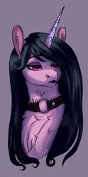 Size: 1280x2586 | Tagged: safe, artist:malinraf1615, derpibooru import, izzy moonbow, pony, unicorn, alternate hairstyle, chest fluff, choker, eyeshadow, female, g5, goth, goth izzy, image, jpeg, lipstick, makeup, mare, purple background, simple background, solo