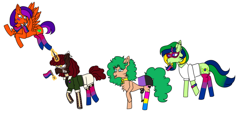 Size: 2786x1318 | Tagged: safe, artist:icicle-wicicle-1517, artist:rose-blade, color edit, derpibooru import, edit, oc, oc:figjam outback, oc:heartspring, oc:jade harmony, oc:maria potranca, unofficial characters only, earth pony, pegasus, pony, unicorn, amputee, badge, bandana, bisexual pride flag, brazil, cape, cheek fluff, chest fluff, clothes, collaboration, colored, ear piercing, earring, female, flying, glow, glowing horn, horn, image, jewelry, levitation, magic, mare, markings, mask, mouth hold, multicolored hair, nonbinary, nonbinary pride flag, open mouth, pansexual, pansexual pride flag, piercing, pin, png, pride, pride flag, pride month, prosthetic leg, prosthetic limb, prosthetics, shirt, shorts, simple background, socks, striped socks, t-shirt, tanktop, telekinesis, transparent background, unshorn fetlocks, wall of tags