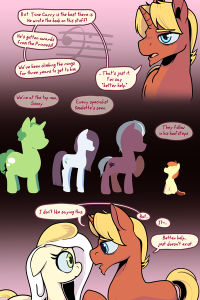 Size: 3000x4500 | Tagged: safe, artist:storyteller, derpibooru import, oc, oc:hard boiled, oc:omelette, oc:sunny side, earth pony, pony, unicorn, comic:eavesdrop, colt, comic, dialogue, female, floppy ears, foal, image, male, mare, png, sad, silhouette, sitting, speech bubble, stallion, worried