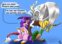 Size: 4961x3508 | Tagged: safe, artist:mekblue, derpibooru import, discord, pipp petals, draconequus, pegasus, pony, spoiler:comic, spoiler:g5, spoiler:g5comic, blue background, chatting, dialogue, duo, female, flip phone, g5, gossip, horns, image, implied posey bloom, male, mare, mobile phone, old man discord, phone, png, simple background, smartphone, speech bubble, wings