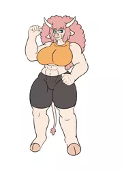 Size: 2500x3500 | Tagged: safe, artist:ezralight, derpibooru import, oc, oc:petra kastamonika, unofficial characters only, anthro, cow, unguligrade anthro, abs, big breasts, body freckles, breasts, clothes, compression shorts, cowified, female, freckles, huge breasts, image, midriff, muscles, muscular female, png, shoulder freckles, simple background, solo, species swap, white background