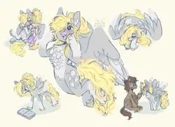Size: 500x364 | Tagged: safe, artist:equestrianartneighseum, derpy hooves, dinky hooves, doctor whooves, time turner, earth pony, pegasus, pony, unicorn, alternate hairstyle, blushing, book, chest fluff, coat markings, female, filly, fluffy, flying, hair bun, hairband, image, lying down, male, mare, open smile, png, ponytail, shipping, simple background, sitting, sleeping, smiling, socks (coat marking), stallion, straight, unshorn fetlocks, wings